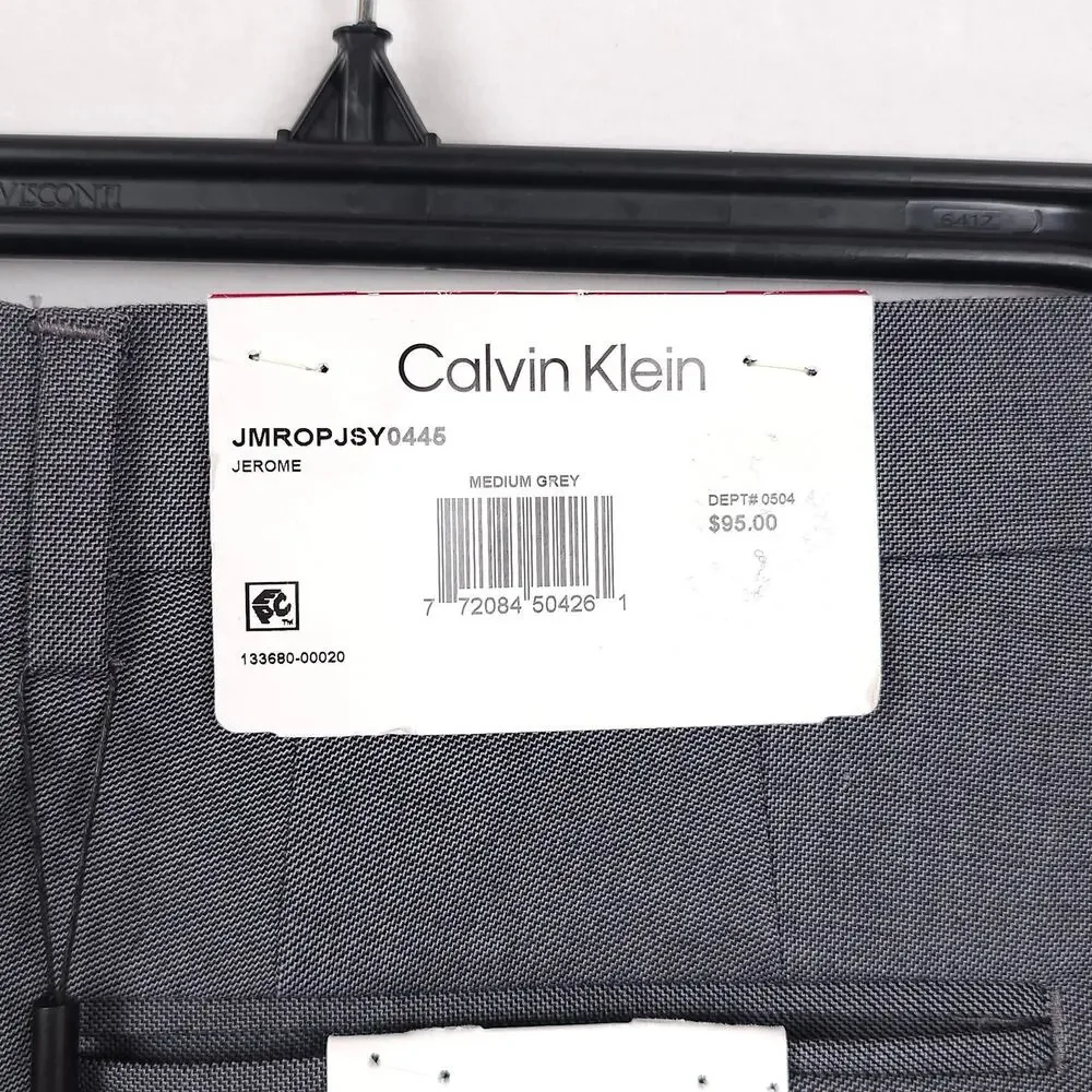 Calvin Klein Mens Slim Fit Dress Pants 33x32 Medium Grey Solid Sharkskin Stretch